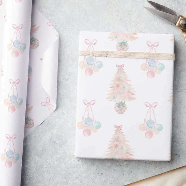 Watercolor Pink Christmas Tree Grandmillennial Wrapping Paper (Creator Uploaded)