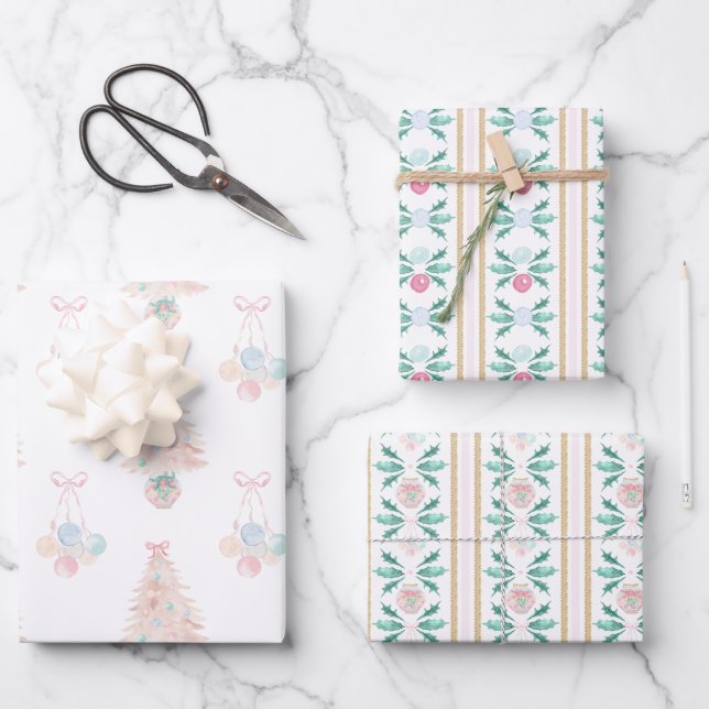 Watercolor Pink Christmas Tree Grandmillennial Wrapping Paper Sheets (Front)