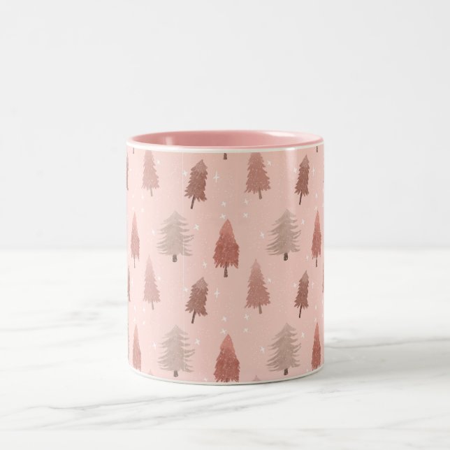 Watercolor pink christmas tree illustration Two-Tone coffee mug (Center)