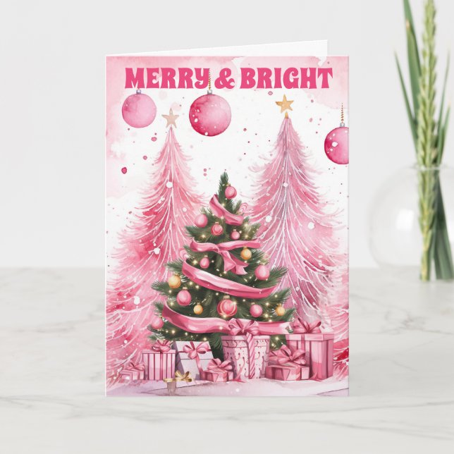 Watercolor Pink Christmas Tree Merry & Bright Holiday Card (Front)