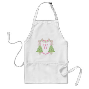 Watercolor Pink Christmas Tree Monogram Crest Adult Apron