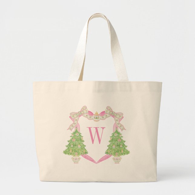 Watercolor Pink Christmas Tree Monogram Crest Large Tote Bag (Front)