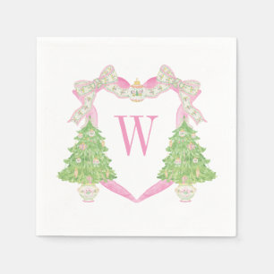 Watercolor Pink Christmas Tree Monogram Crest Napkins