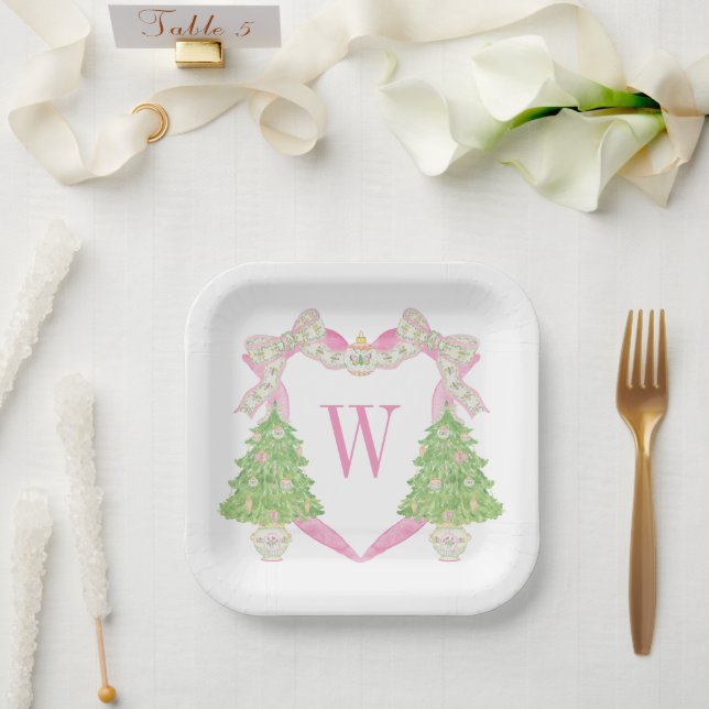 Watercolor Pink Christmas Tree Monogram Crest Paper Plates (Wedding)