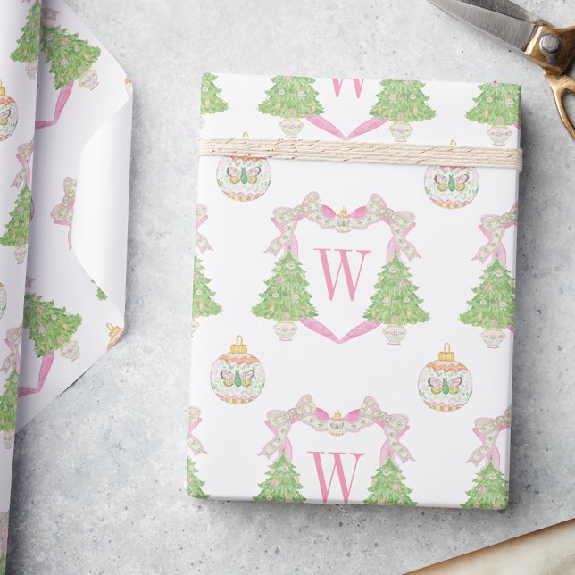 Watercolor Pink Christmas Tree Monogram Crest Wrapping Paper (Creator Uploaded)