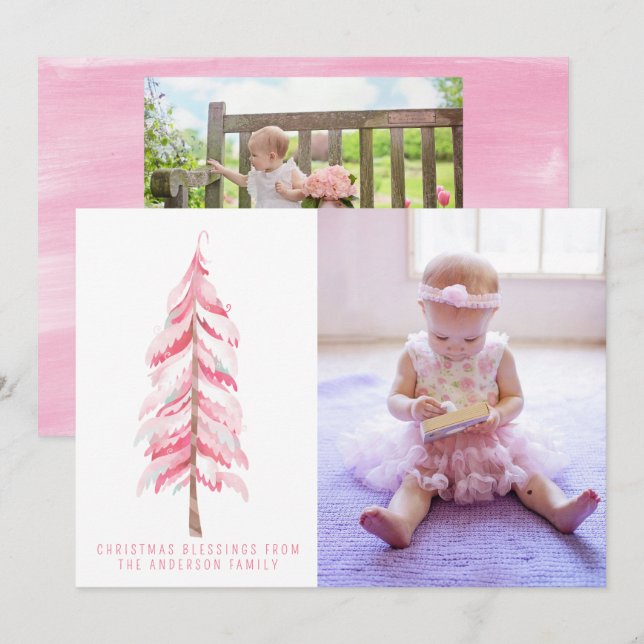 Watercolor Pink Christmas Tree Photo Card (Front/Back)