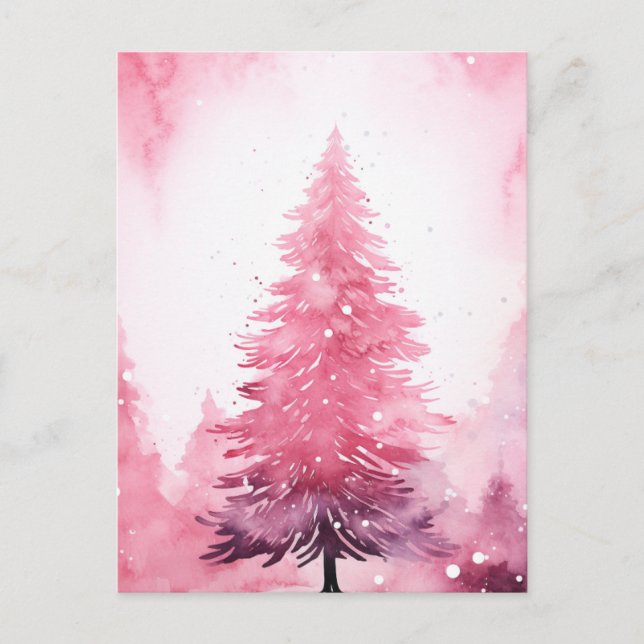 Watercolor Pink Christmas Tree Postcard (Front)