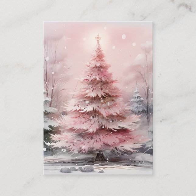 Watercolor Pink Christmas Tree Scene Business Card (Front)