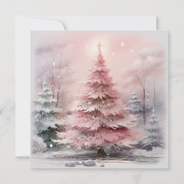 Watercolor Pink Christmas Tree Scene Note Card (Front)