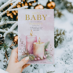 watercolor Pink ChristmasCandles 1st birthday Foil Invitation