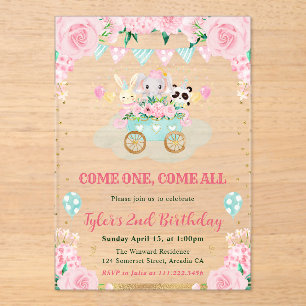 Watercolor Pink Circus Animals Birthday Party Acrylic Invitations