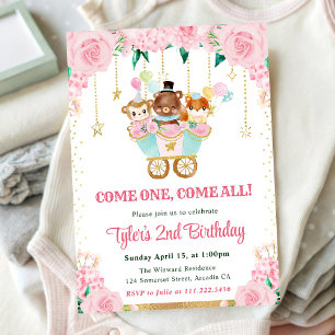 Watercolor Pink Circus Animals Birthday Party Invitation