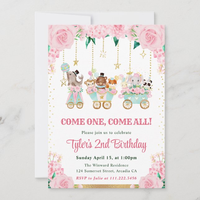 Watercolor Pink Circus Animals Birthday Party Invitation (Front)