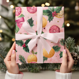 Watercolor Pink Citrus Christmas Wrapping Paper