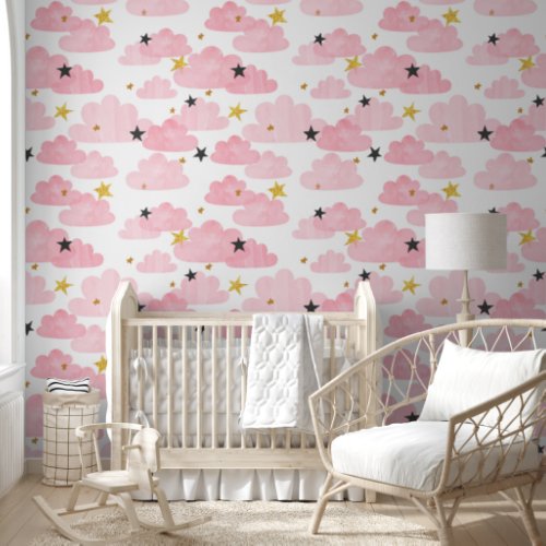 Watercolor Pink Clouds Gold Stars Girls Nursery Wallpaper