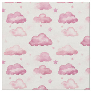 Watercolor Pink Clouds & Stars on Ivory Fabric