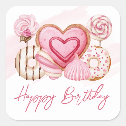 Watercolor Pink Cookies and Sweets Birthday Square Sticker