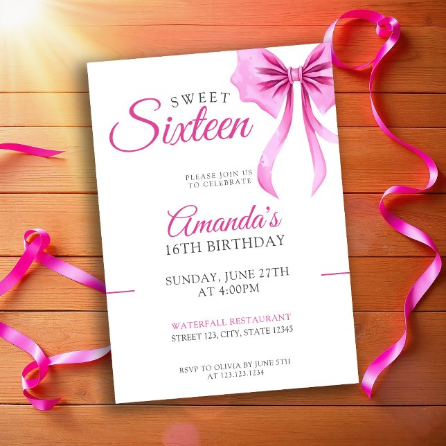 Watercolor Pink Coquette Bow Sweet 16 Birthday Invitation (Creator Uploaded)