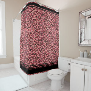 Watercolor Pink Coral Black Leopard Shower Pattern Shower Curtain