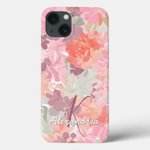 Watercolor Pink Coral Floral Pattern Monogram Name iPhone 13 Case