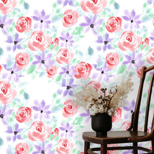 Watercolor Pink Coral Roses and Purple Blooms 