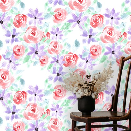 Watercolor Pink Coral Roses and Purple Blooms  Wallpaper