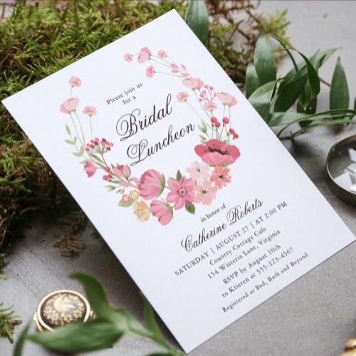 Watercolor Pink Country Flowers Bridal Luncheon Invitation