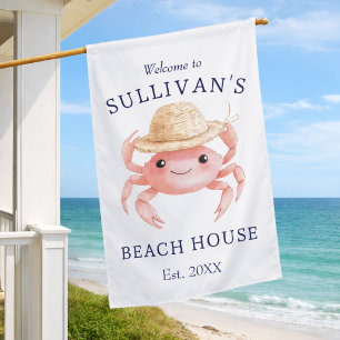 Watercolor Pink Crab Beach House Coastal Cottage Flag