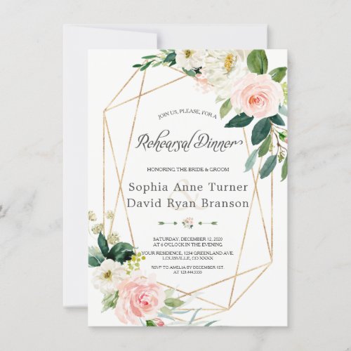 Watercolor Pink Cream Floral Gold Rehearsal Dinner Invitation