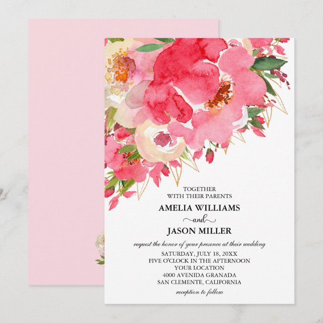 Watercolor Pink Cream Floral Wedding Invitations (Front/Back)