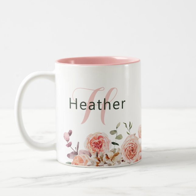 Watercolor Pink Cream Flowers | Name Monogram Two-Tone Coffee Mug (Left)