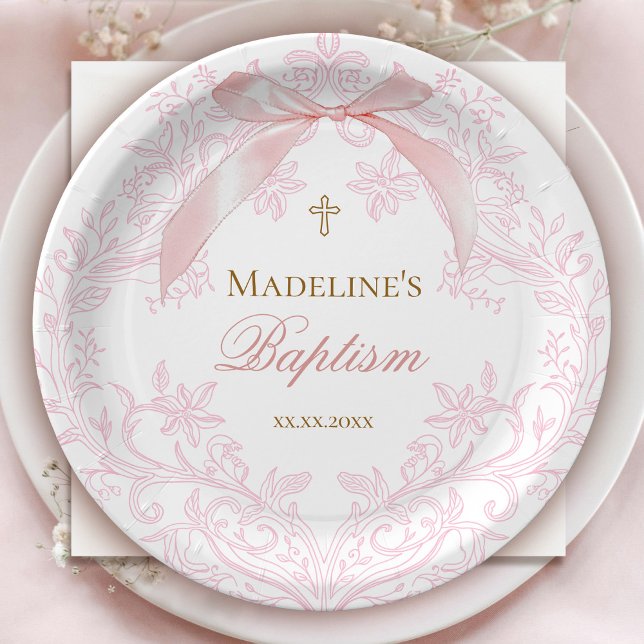  watercolor pink crest | Baptism Paper Plates (Creator Uploaded)
