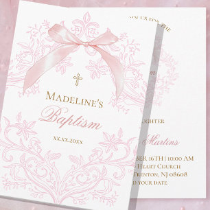 watercolor pink crest little bow Baptism Invitation