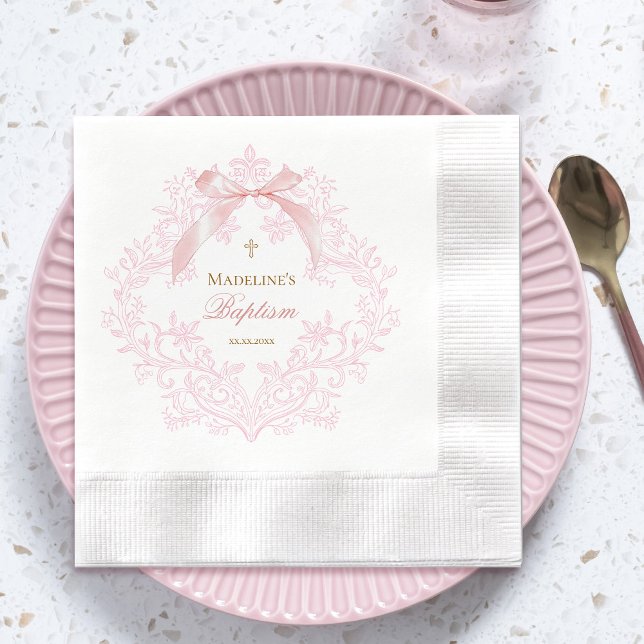  watercolor pink crest little bow | Baptism Napkins (Creator Uploaded)