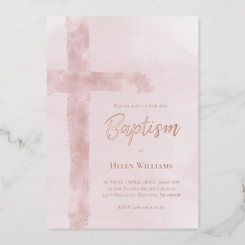 watercolor pink cross Baptism Foil Invitation