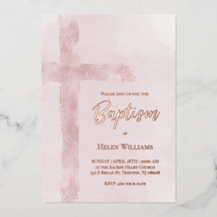 watercolor pink cross Baptism Foil Invitation