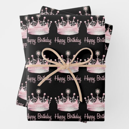 Watercolor Pink Crown Happy Birthday Wrapping Paper Sheets