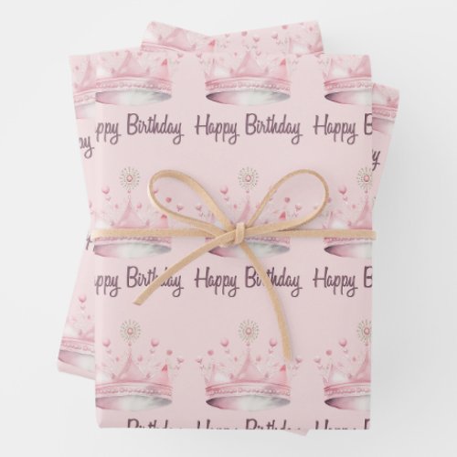 Watercolor Pink Crown Happy Birthday Wrapping Paper Sheets