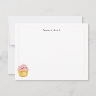 Watercolor Pink Cupcake Personalized Note Card
