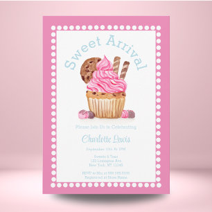 Watercolor Pink Cupcake With Chocolate Baby Shower Invitation