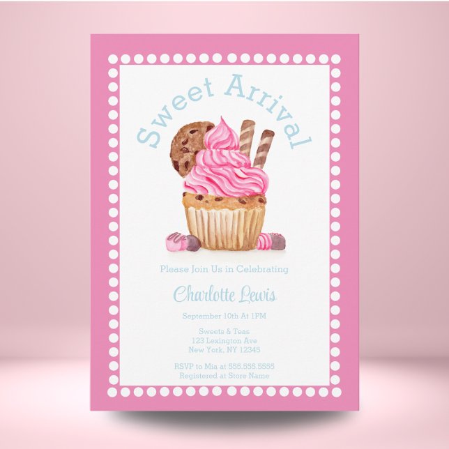 Watercolor Pink Cupcake With Chocolate Baby Shower Invitation (Creator Uploaded)