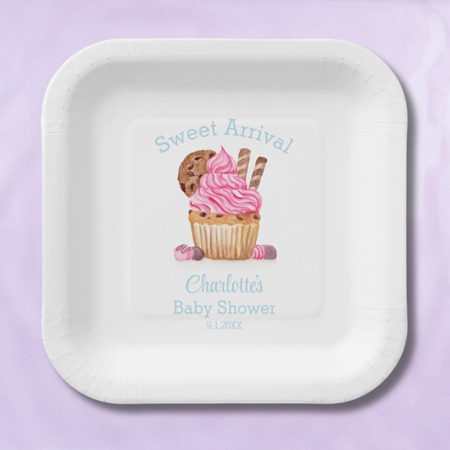 Watercolor Pink Cupcake With Chocolate Baby Shower Paper Plates (Creator Uploaded)