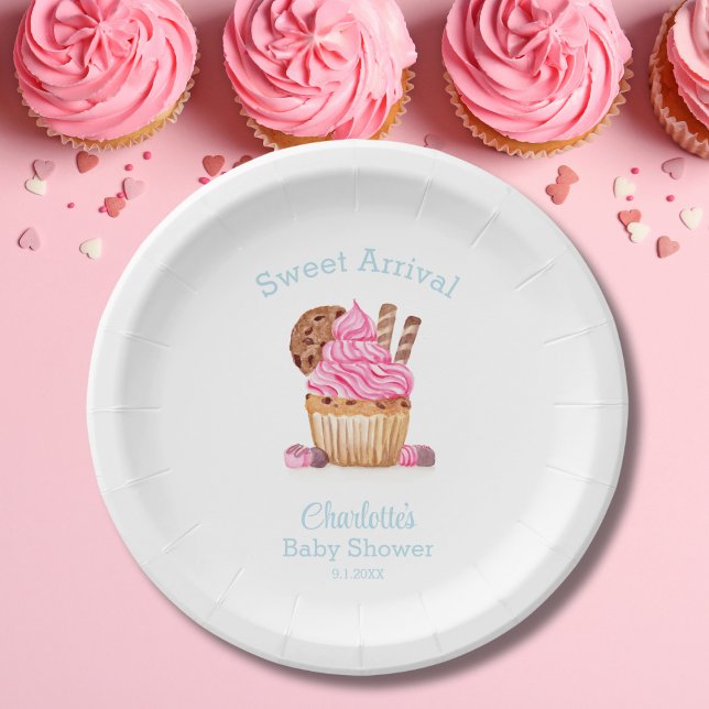 Watercolor Pink Cupcake With Chocolate Baby Shower Paper Plates (Creator Uploaded)