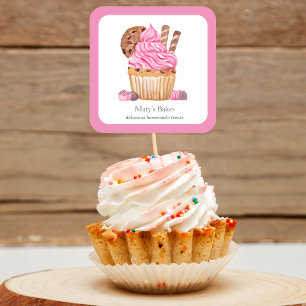 Watercolor Pink Cupcake With Chocolate Bakery Square Sticker