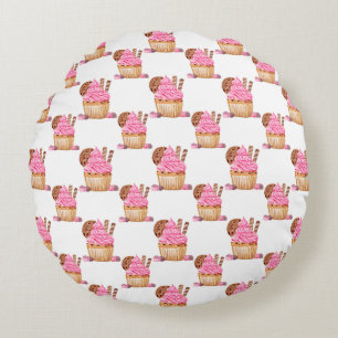 Watercolor Pink Cupcake With Chocolate Pattern Round Pillow