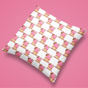 Watercolor Pink Cupcake With Chocolate Pattern Throw Pillow
