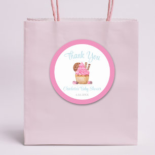 Watercolor Pink Cupcake With Chocolate Thank You Classic Round Sticker