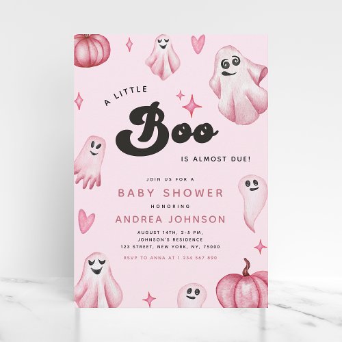 Watercolor Pink Cute Ghost Little Boo Baby Shower  Invitation