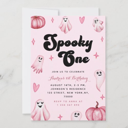 Watercolor Pink Cute Ghost Spooky One 1st Birthday Invitation