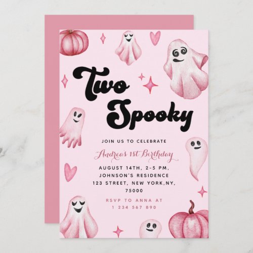 Watercolor Pink Cute Ghost Two Spooky 2nd Birthday Invitation
